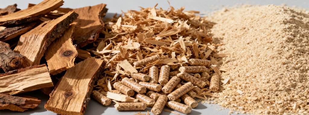 Wood chips, sawdust and biomass pellets for wood processing